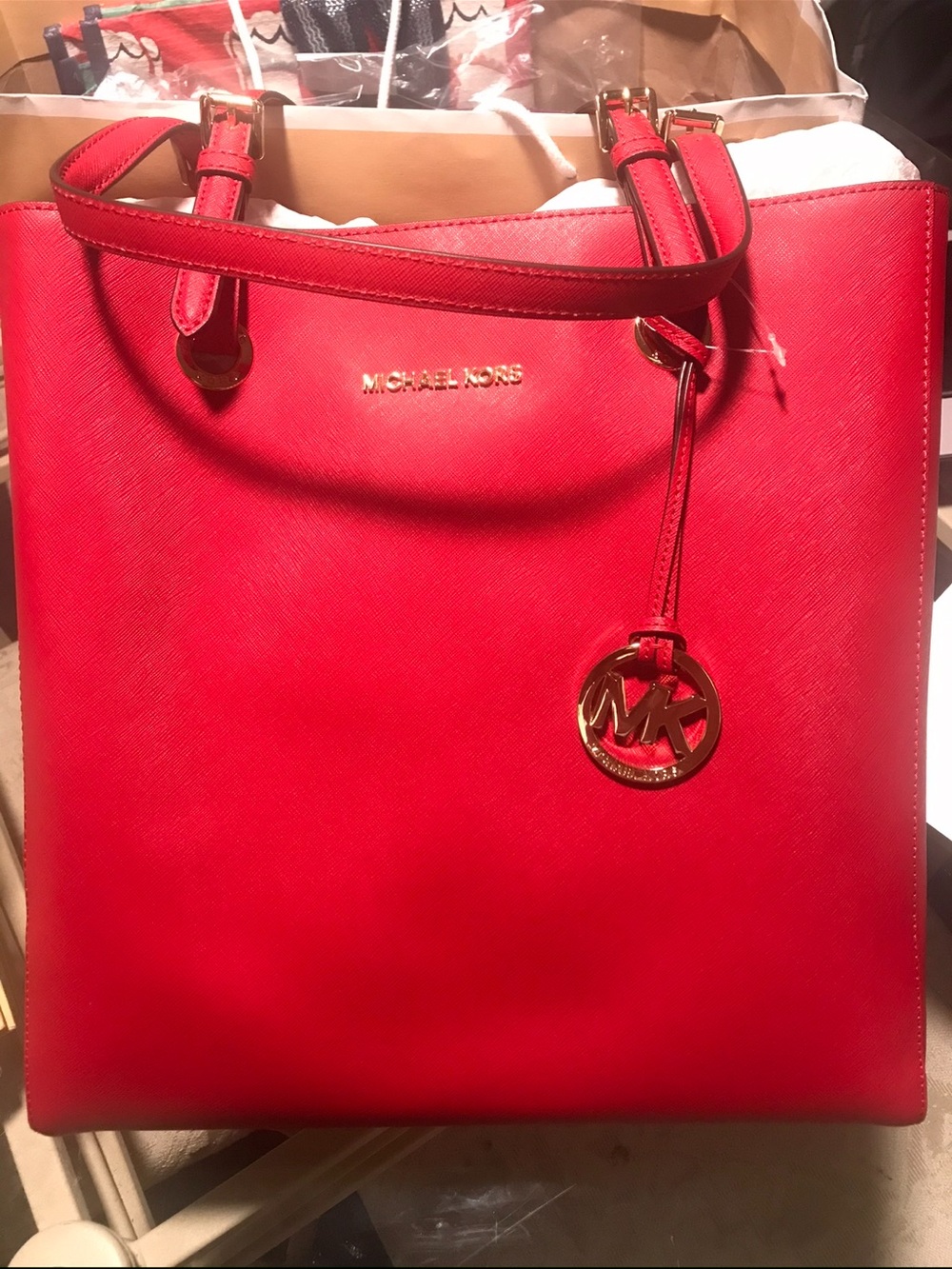 Michael Kors Red Saffiano Leather Tote with Gold MK Charm